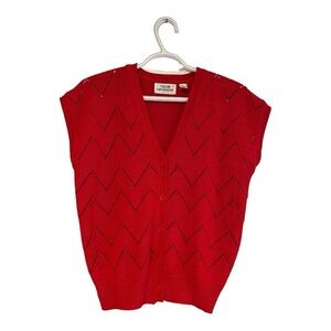 Vintage Susan van Heusen Red Knit Vest Sweater Chevron Openwork Size L